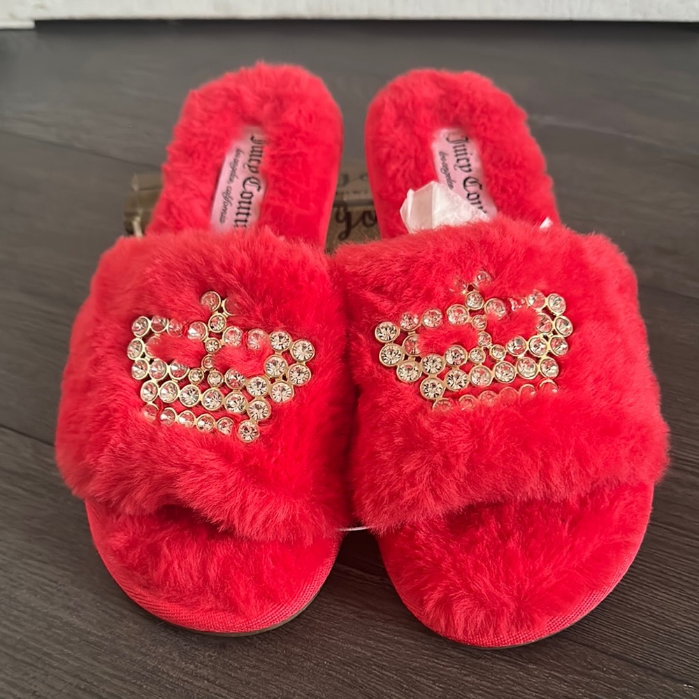 Juicy Couture Red Plush Slippers with Gold Embellishment